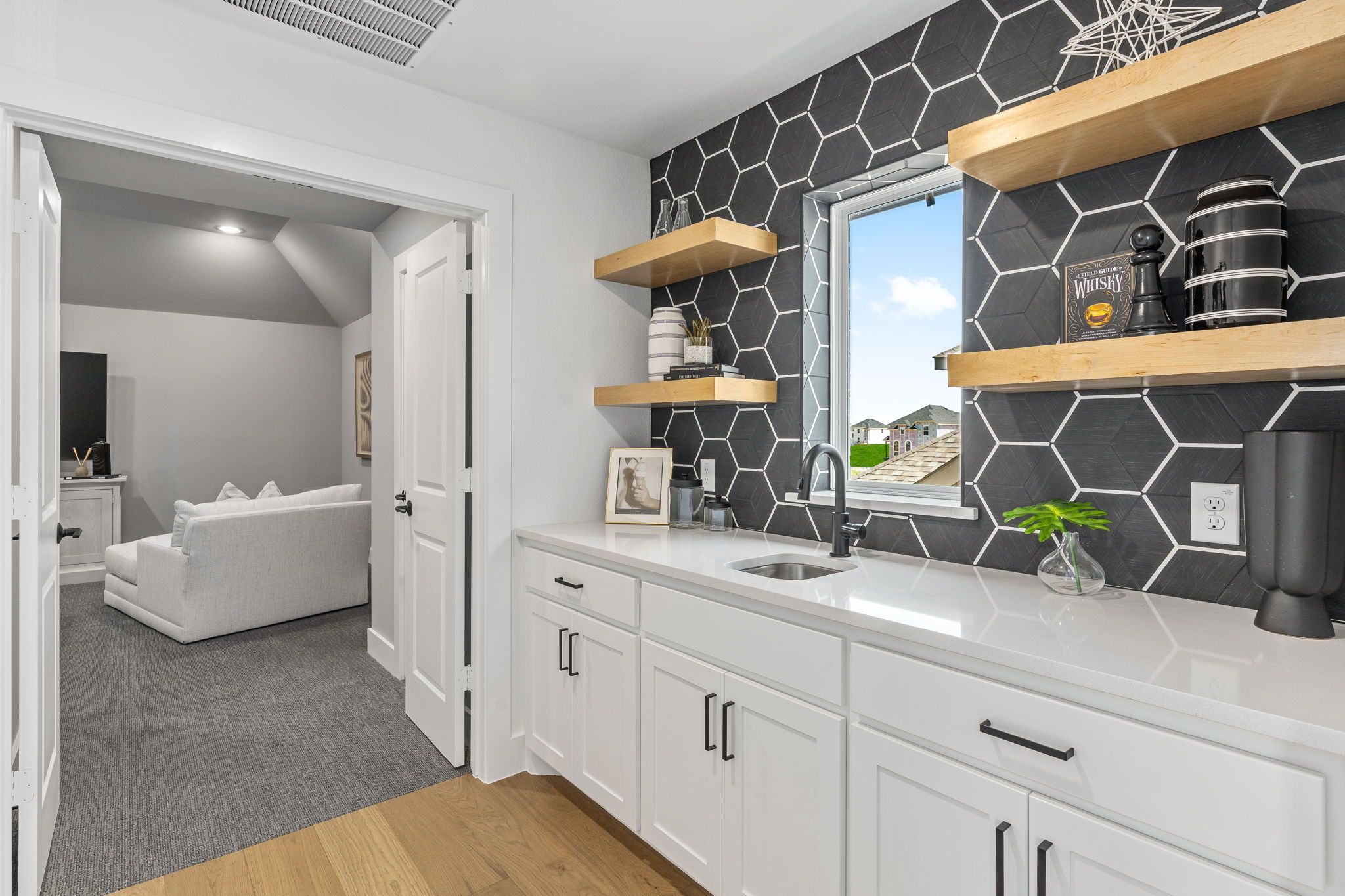 Upstairs Wet Bar with Hex Tile Backsplash | Mosaic 40' Model Celina TX