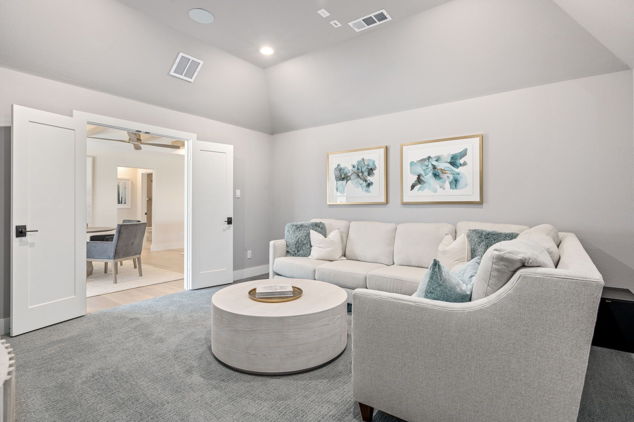 Upstairs Media Room with French Doors | Mosaic 60' Model Celina, TX