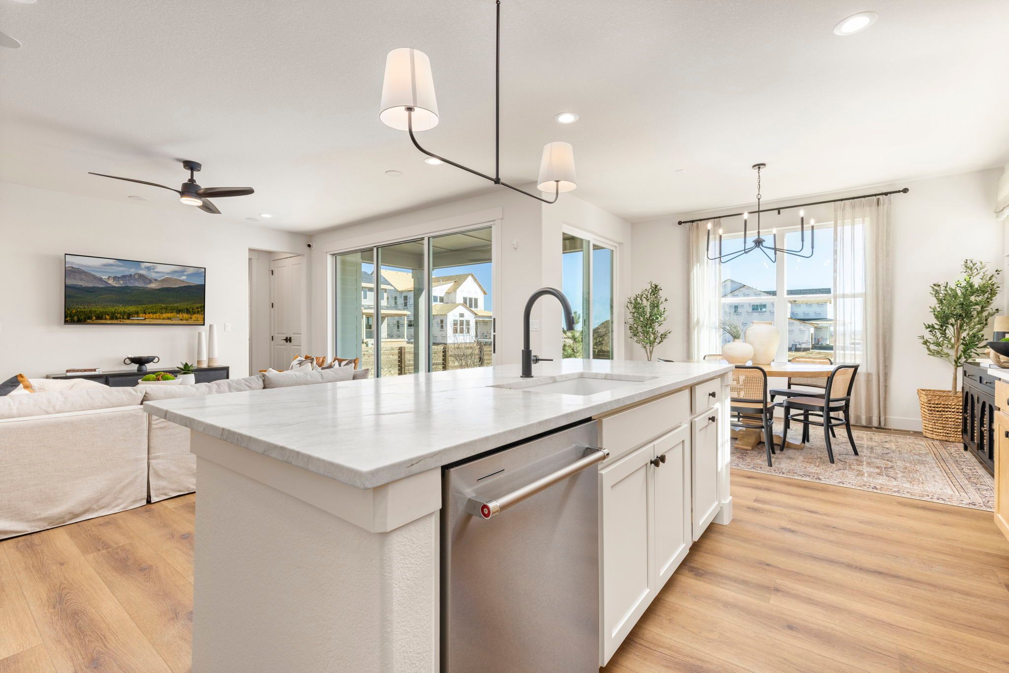 Open Concept Kitchen and Living Area with Mountain Views | Barefoot Lakes Firestone CO