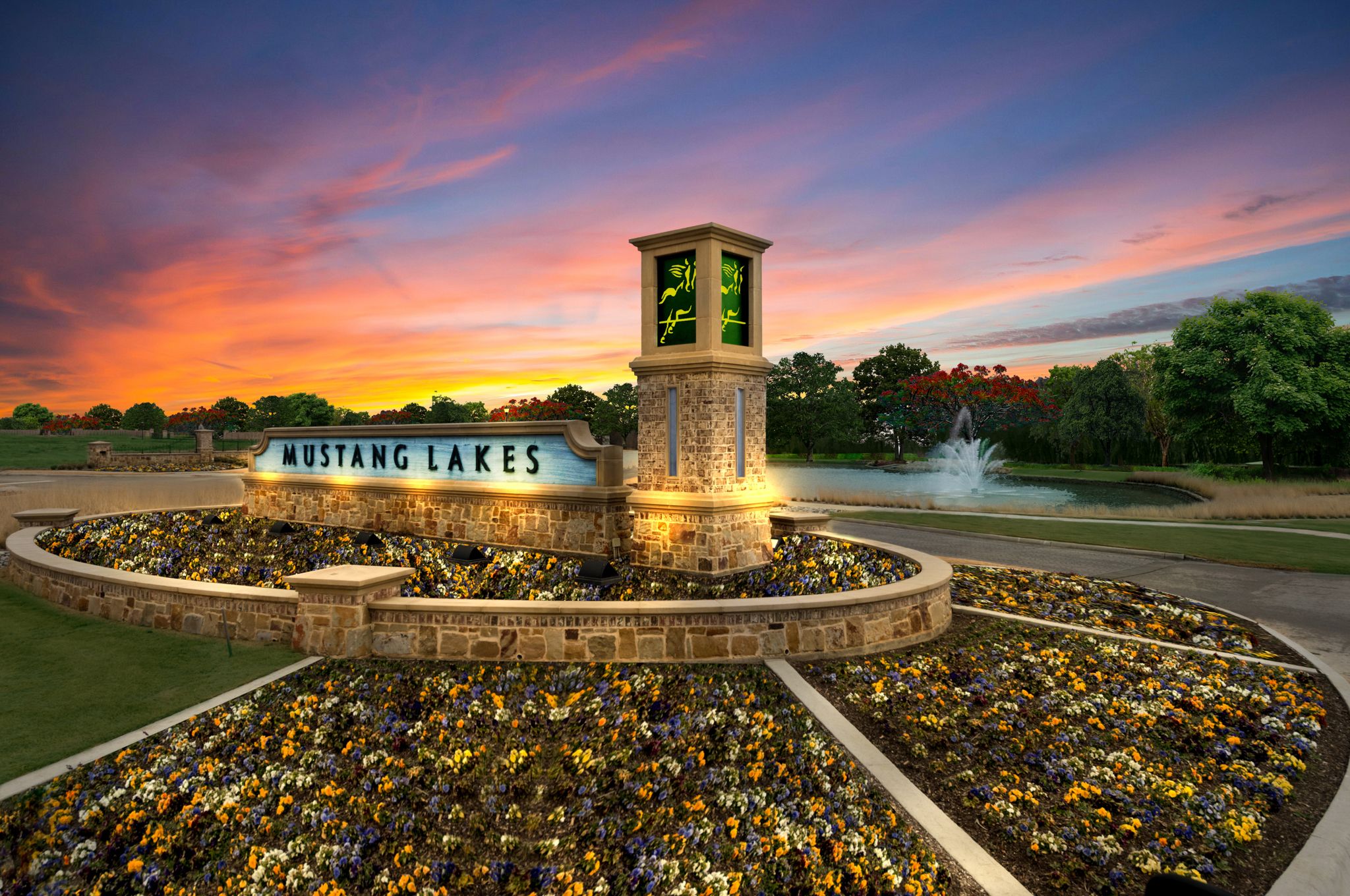 Mustang Lakes Twilight Entry Monument Sign