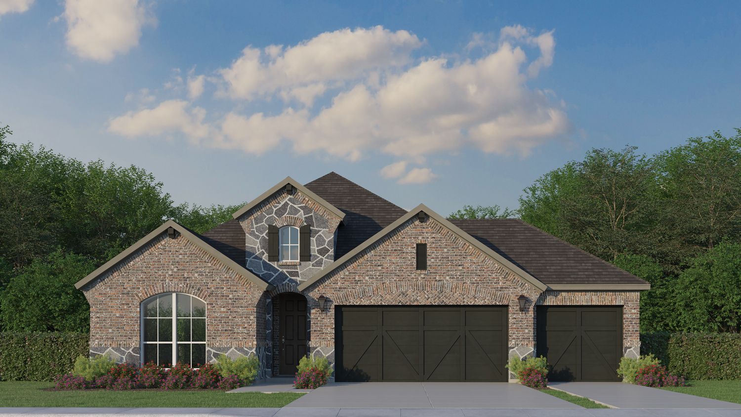 Plan 1523 Elevation A with Stone 3 Car Garage
