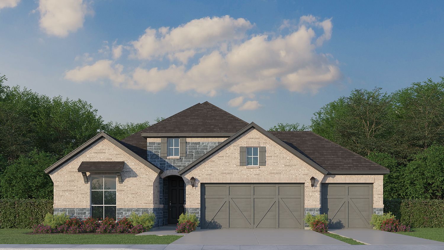 Plan 1523 Elevation B with Stone 3 Car Garage