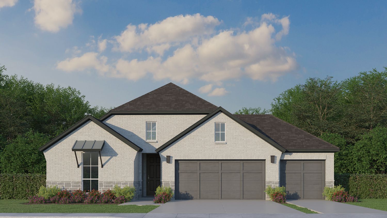 Plan 1523 Elevation C with Stone 3 Car Garage