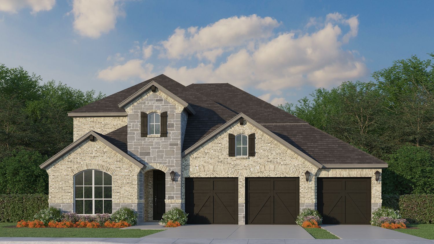 Plan 1534 Elevation A with Stone 3 Car Garage
