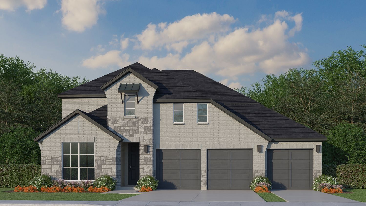Plan 1534 Elevation C with Stone 3 Car Garage