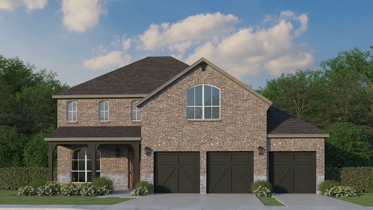 Plan 1542 Elevation A with Stone 3 Car Garage