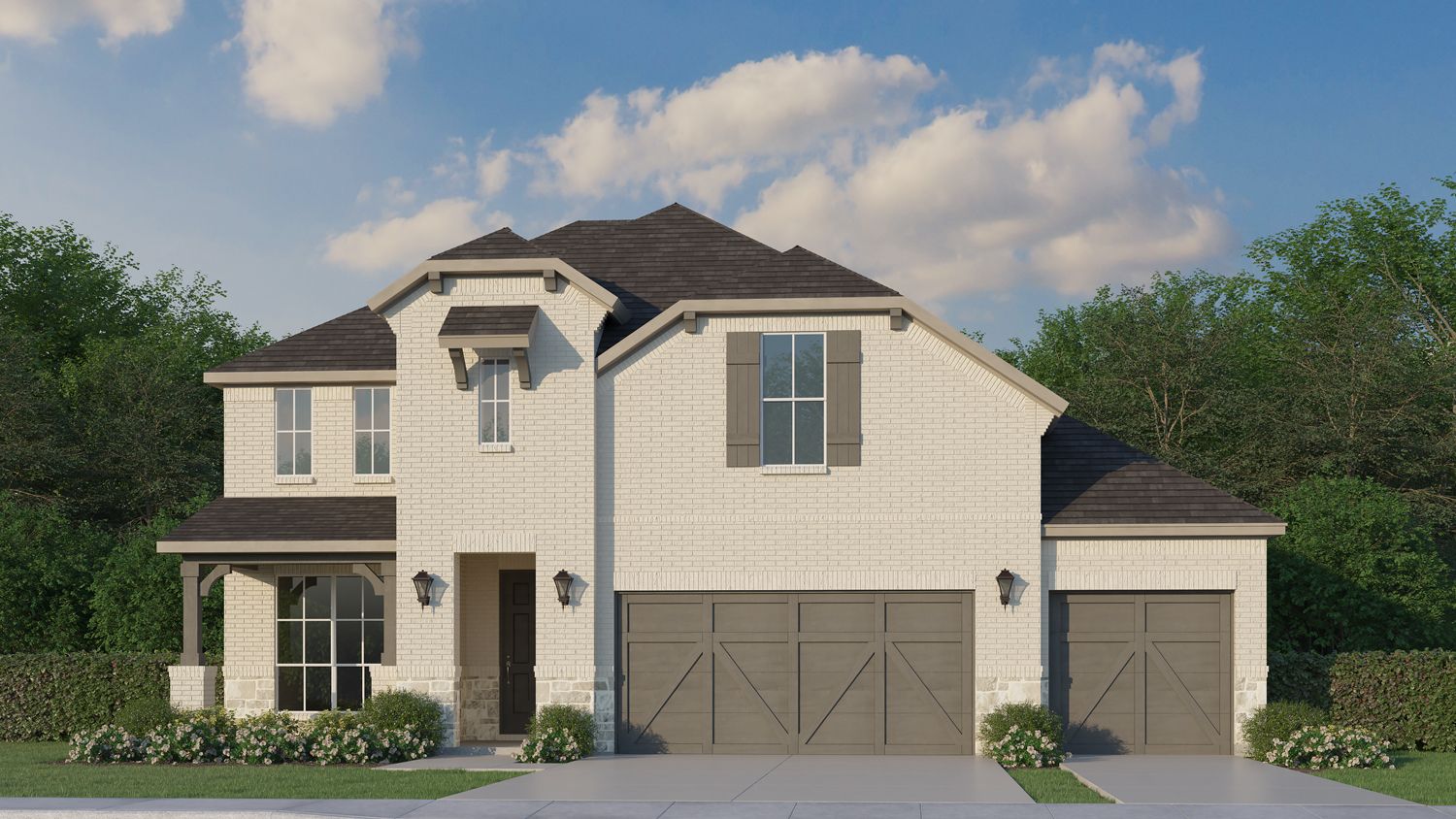 Plan 1542 Elevation B with Stone 3 Car Garage