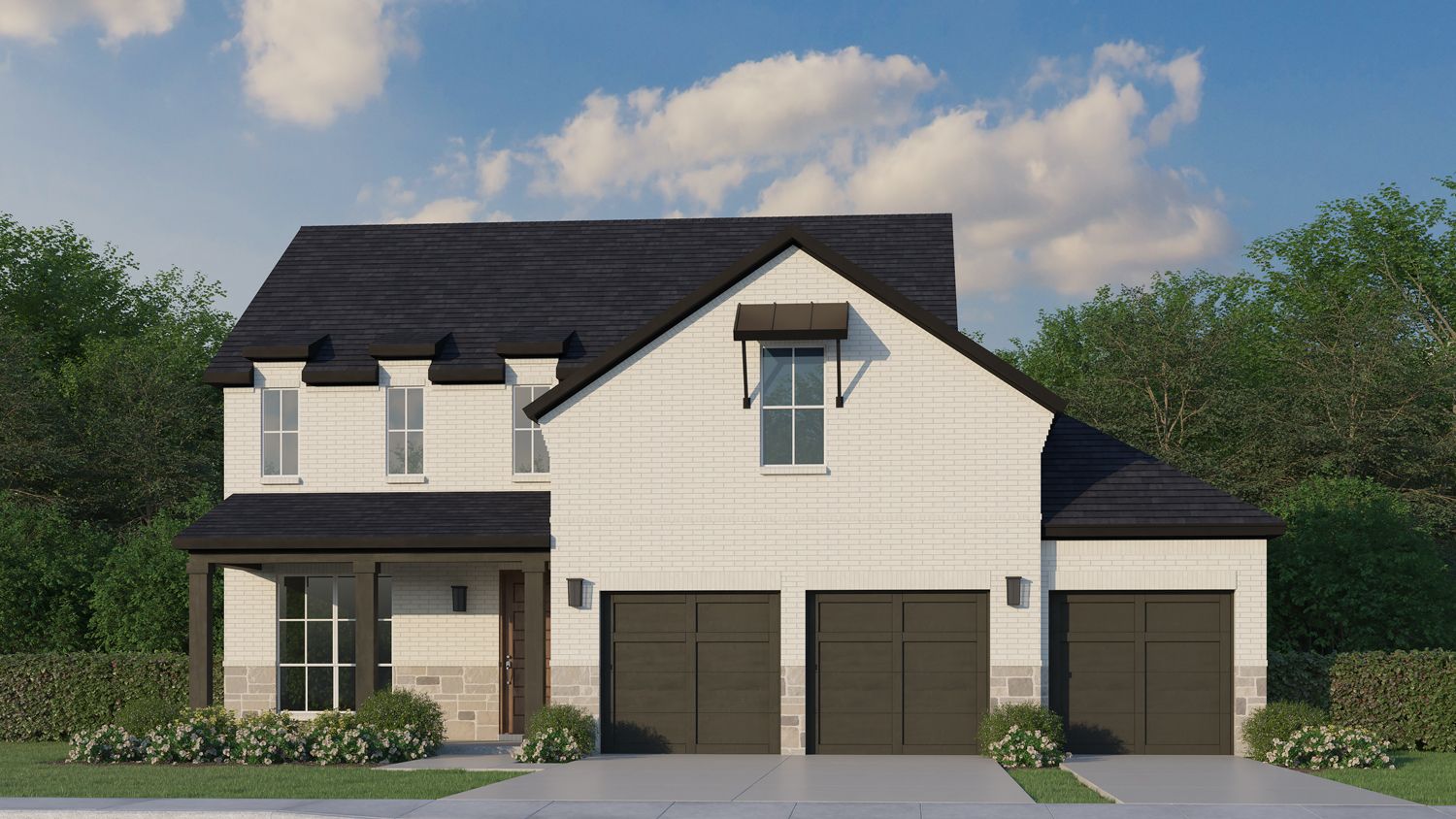 Plan 1542 Elevation C with Stone 3 Car Garage