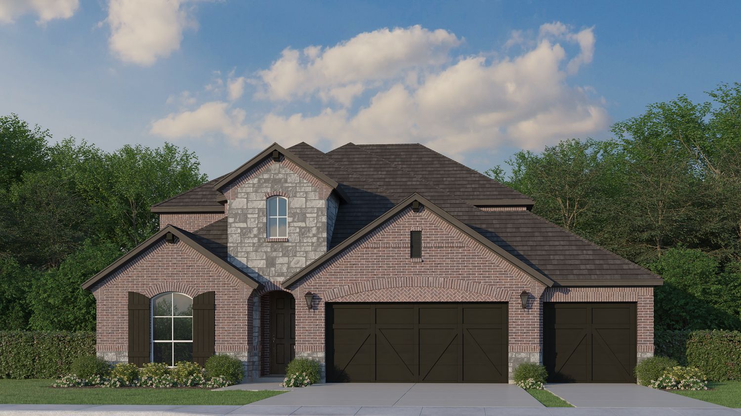Plan 1527 Elevation A with Stone and 3rd-Car Garage
