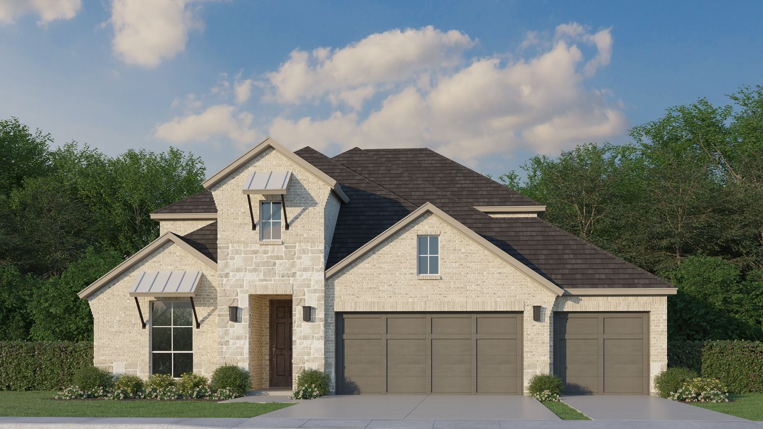 Plan 1527 Elevation with Stone & 3rd-Car Garage