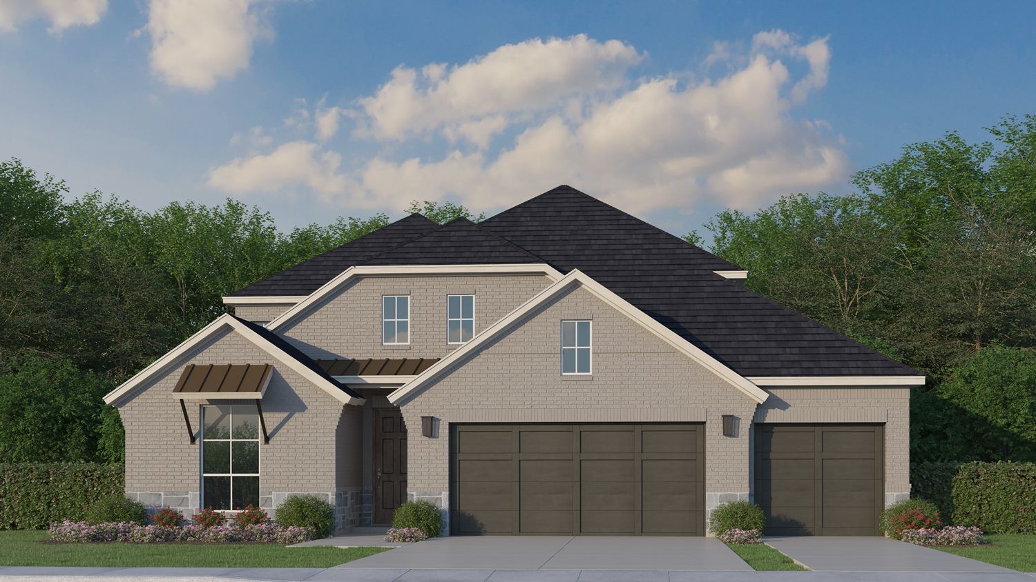 Plan 1531 Elevation C with Stone & 3rd Car Garage