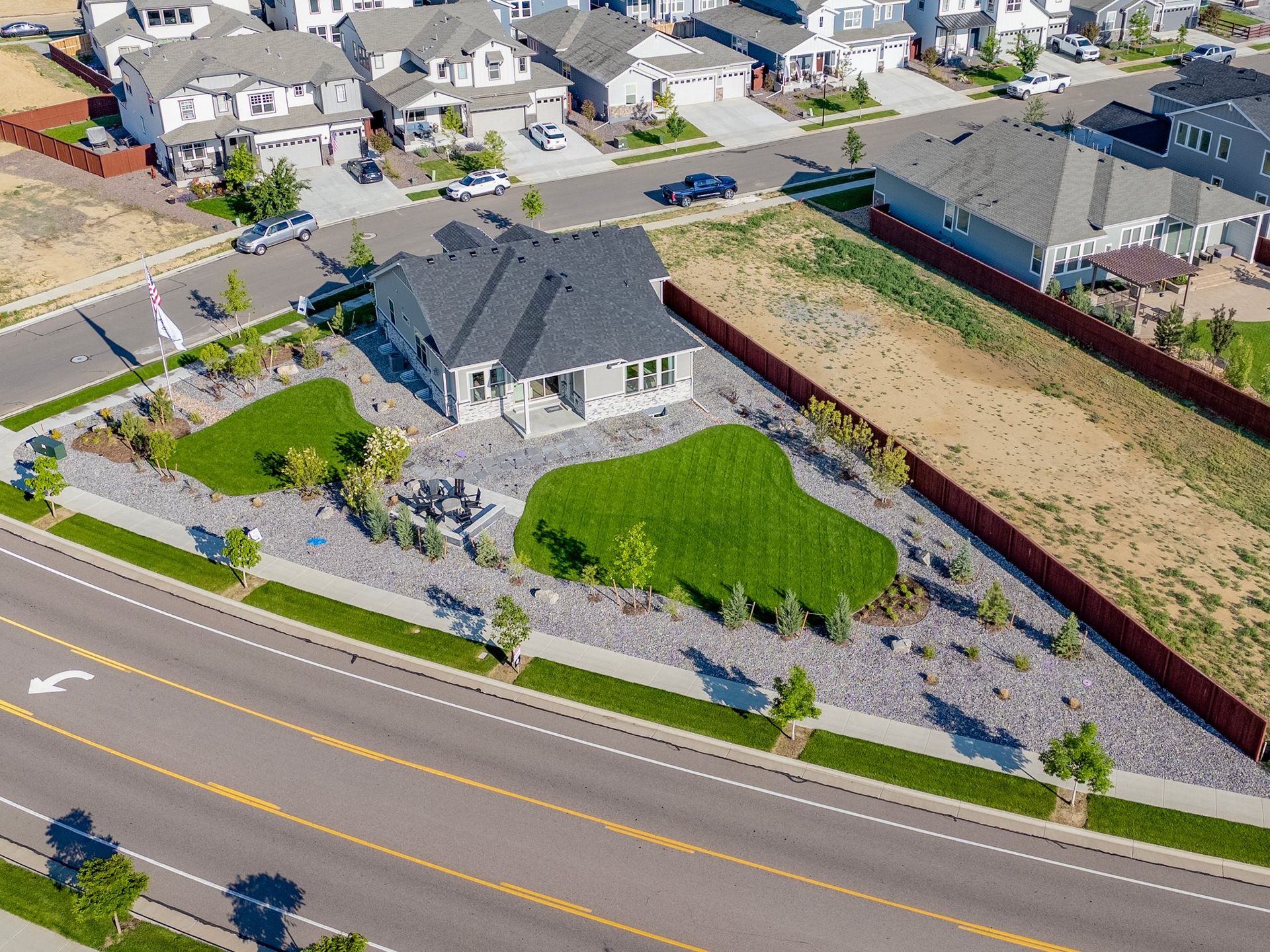 RainDance 60s Plan C417 Aerial Rear Elevation by American Legend Homes