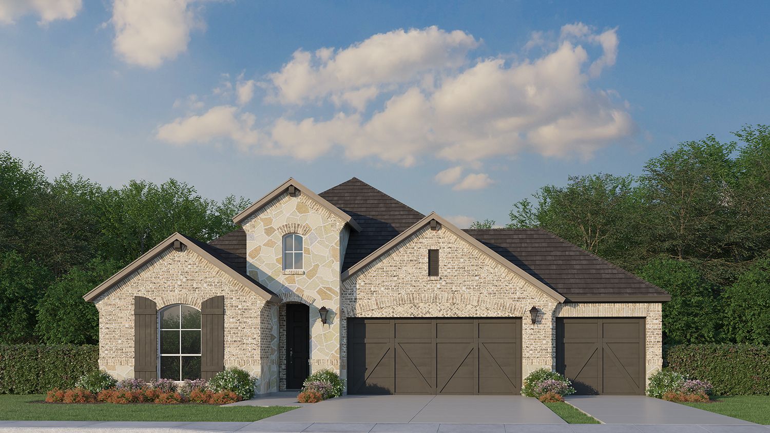 Plan 1529 Elevation A with Stone and 3-Car Garage