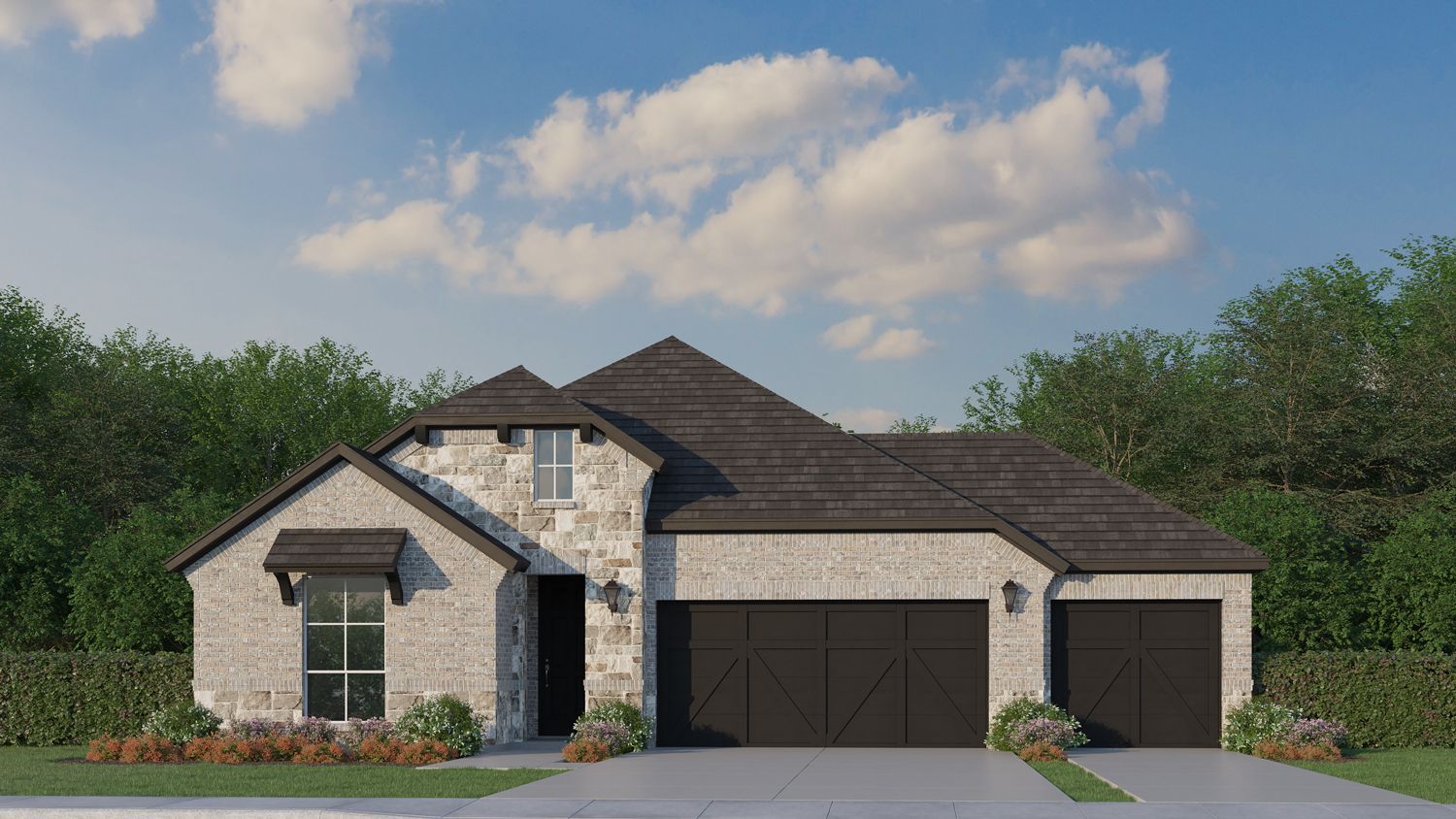 Plan 1529 Elevation B with Stone and 3-Car Garage