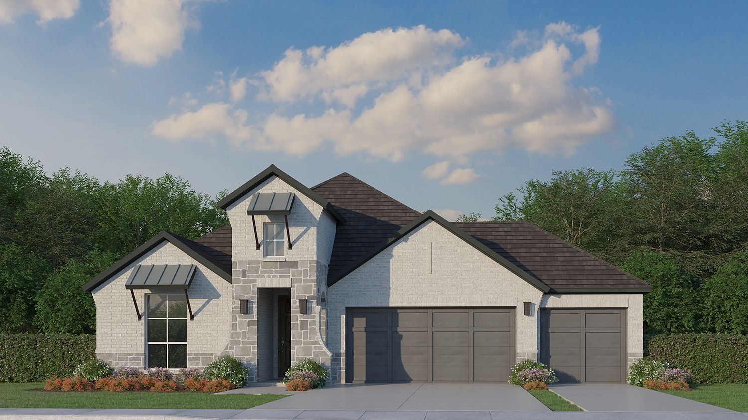 Plan 1529 Elevation C with Stone and 3-Car Garage