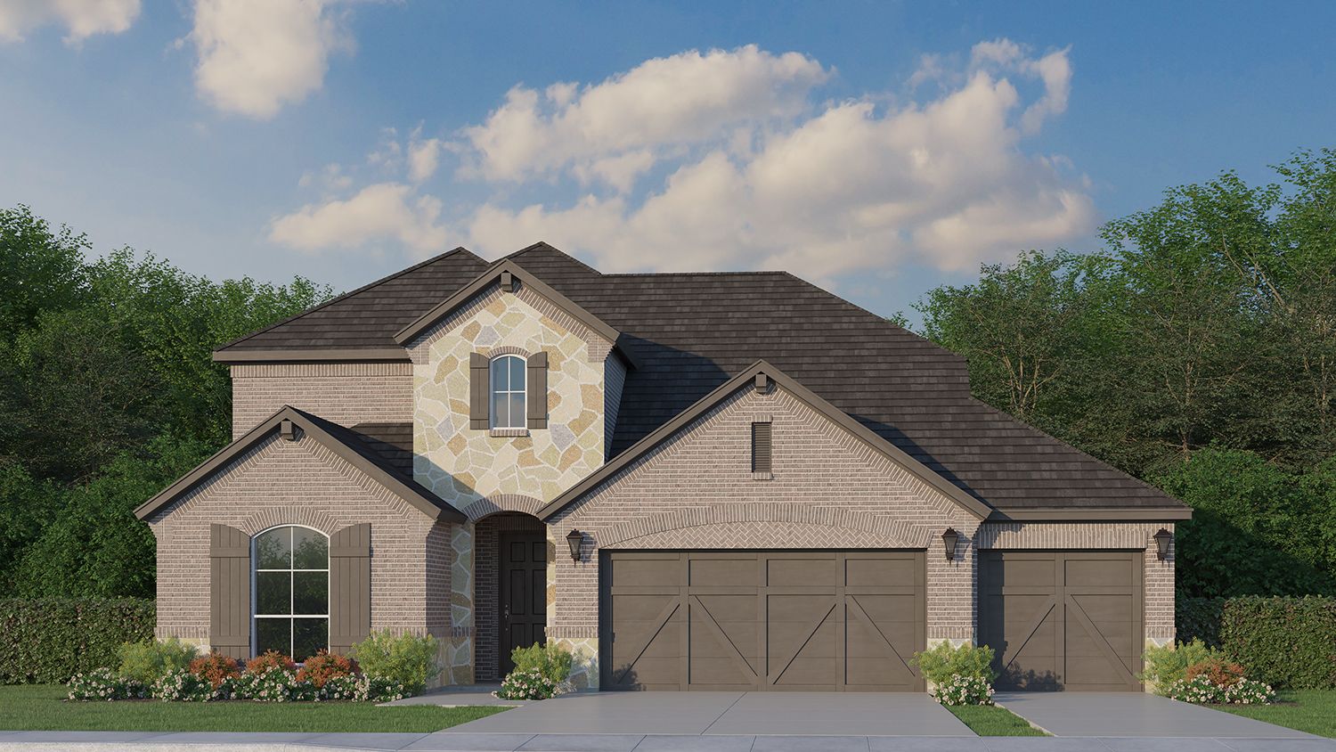 Plan 1525 Elevation A with Stone & 3rd Car Garage