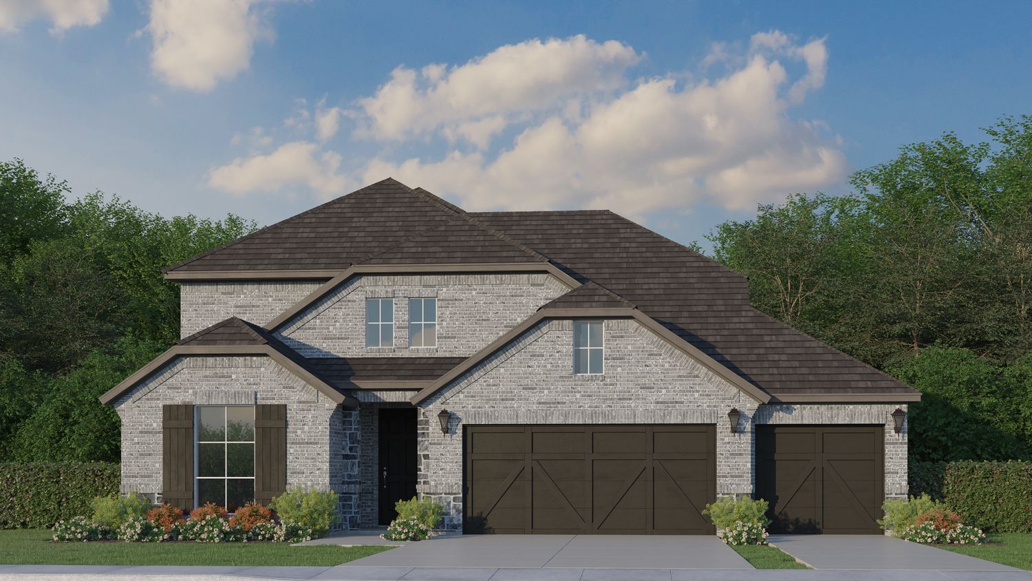 Plan 1525 Elevation B with Stone & 3rd Car Garage