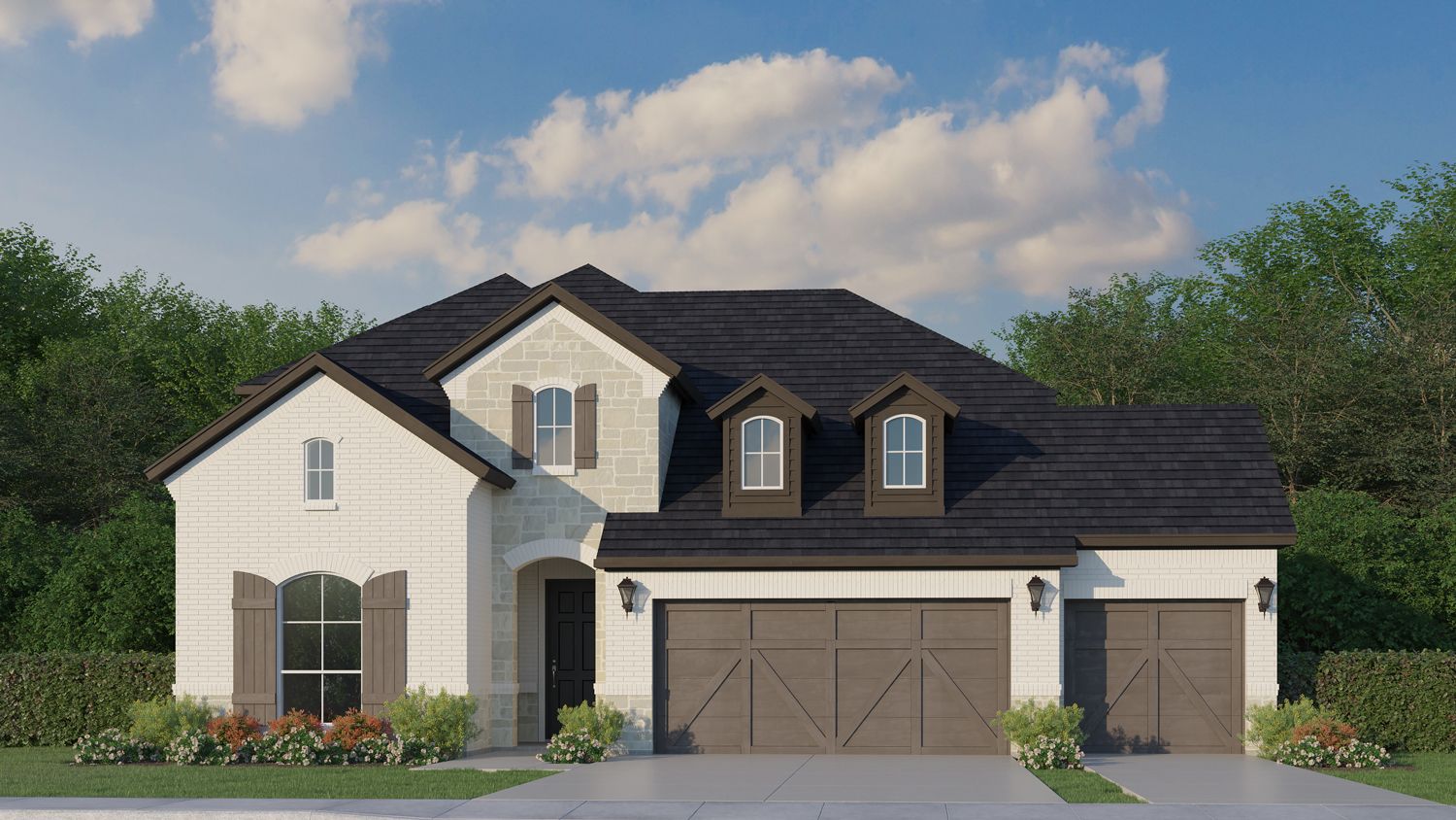 Plan 1525 Elevation C with Stone & 3rd Car Garage