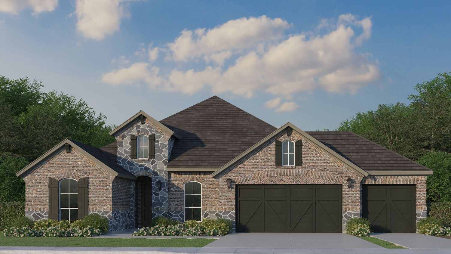 Plan 1688 Elevation A with Stone 3-Car Garage