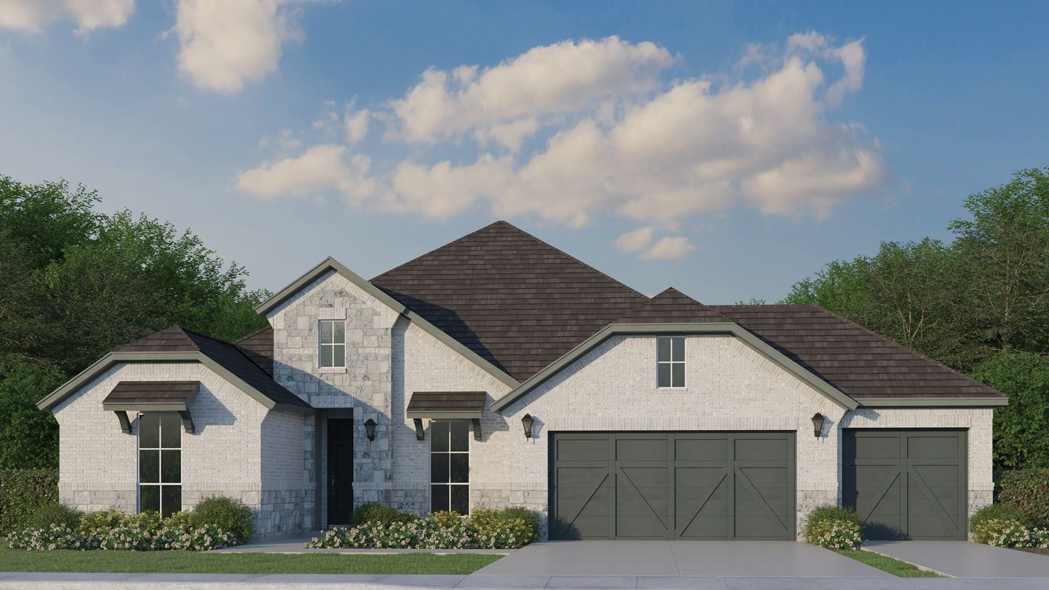 Plan 1688 Elevation B with Stone 3-Car Garage