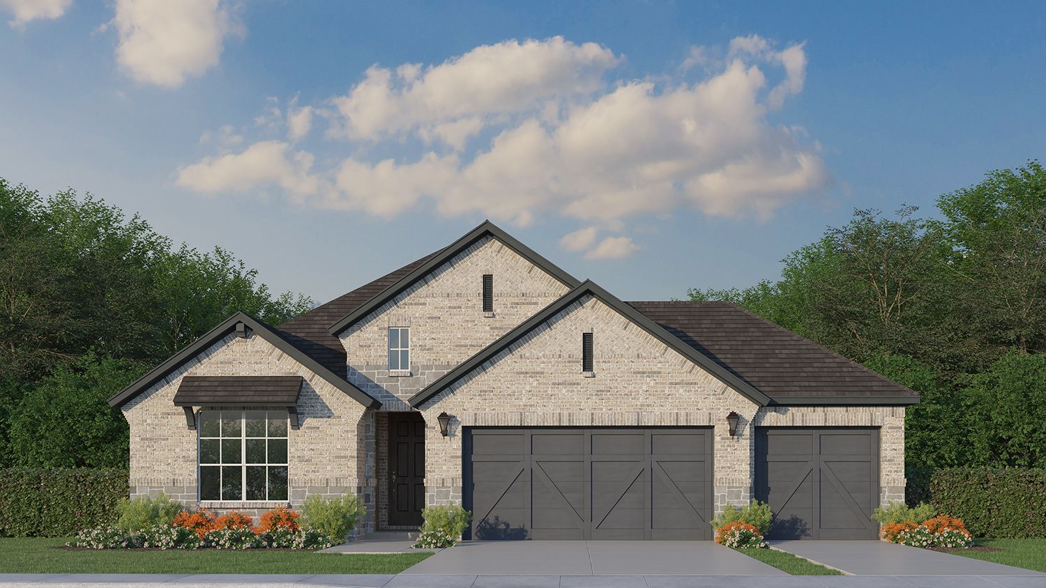 Plan 1532 Elevation B with Stone and 3rd Car Garage