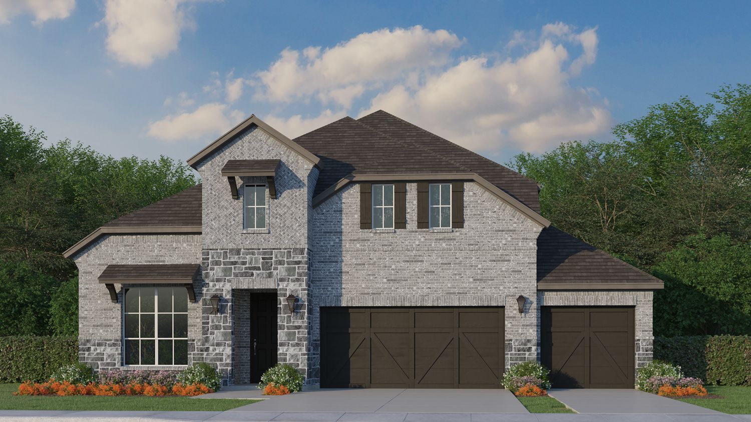 Plan 1536 Elevation B with Stone & 3rd Car Garage