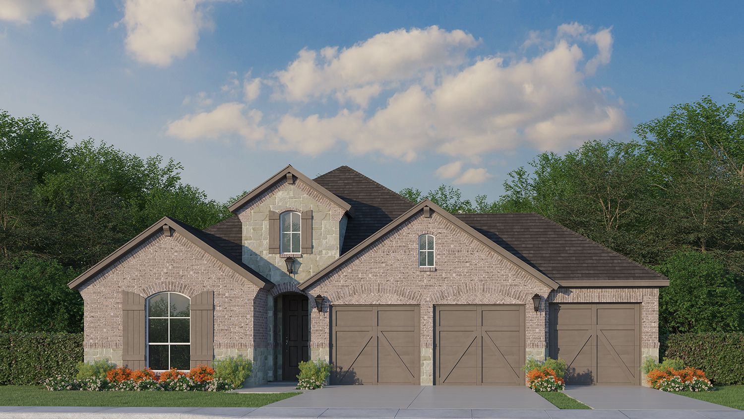 Plan 1535 Elevation A with Stone & 3 Car Garage