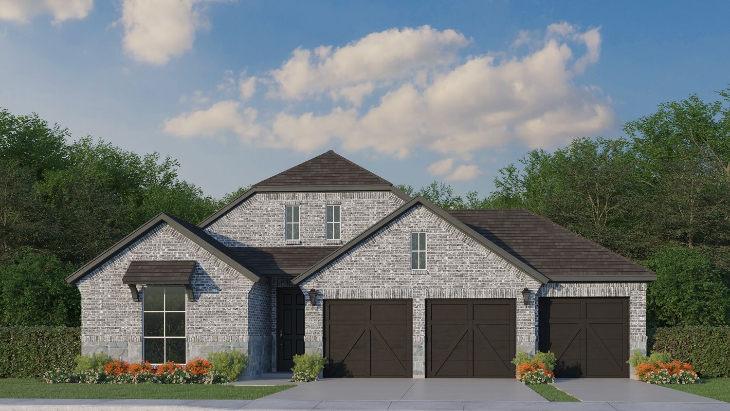 Plan 1535 Elevation B with Stone & 3 Car Garage