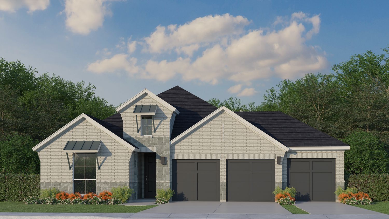 Plan 1535 Elevation C with Stone & 3 Car Garage