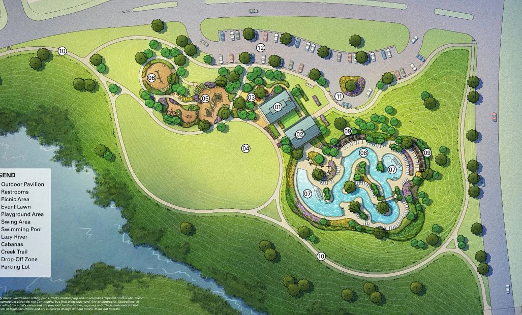Amenity Village featuring a resort style pool with lazy river, pavilions, playgrounds, walking
