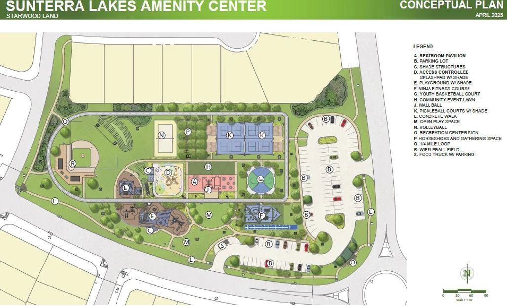 Amenity Village rendering highlighting the vibrant resort-style hub of Sunterra Lakes with pools,