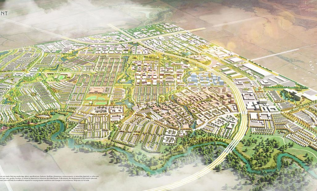 Aerial render showcasing Phase 1 of the community, highlighting completed and future homesites, main