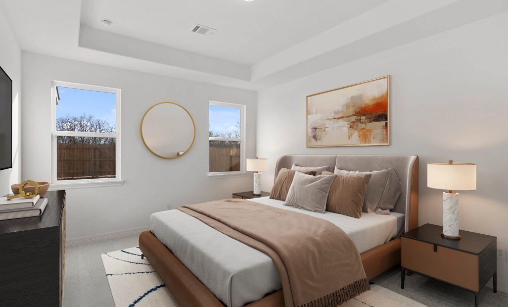Primary bedroom. Sample product photo. Actual exterior and interior selections may vary by homesite.