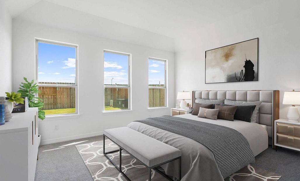 Primary bedroom. Sample product photo. Actual exterior and interior selections may vary by homesite.