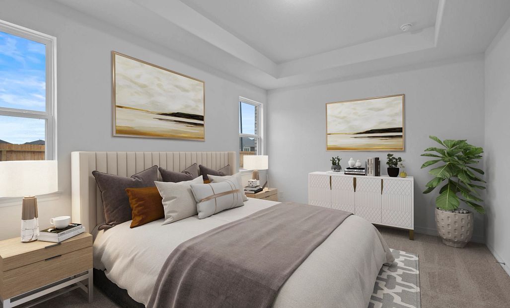 Primary bedroom. Sample product photo. Actual exterior and interior selections may vary by homesite.