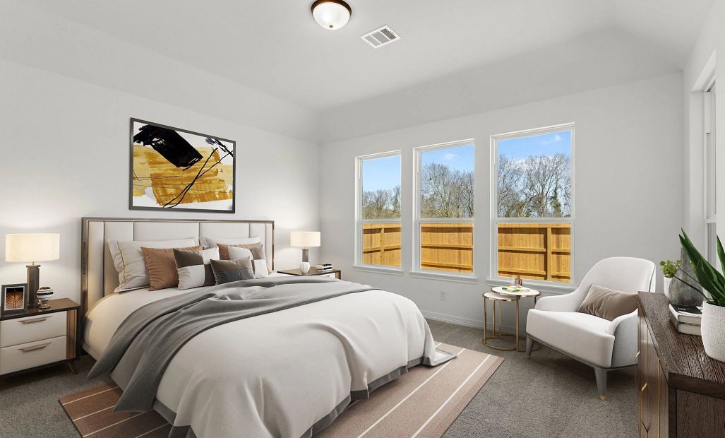 Primary bedroom. Sample product photo. Actual exterior and interior selections may vary by homesite.