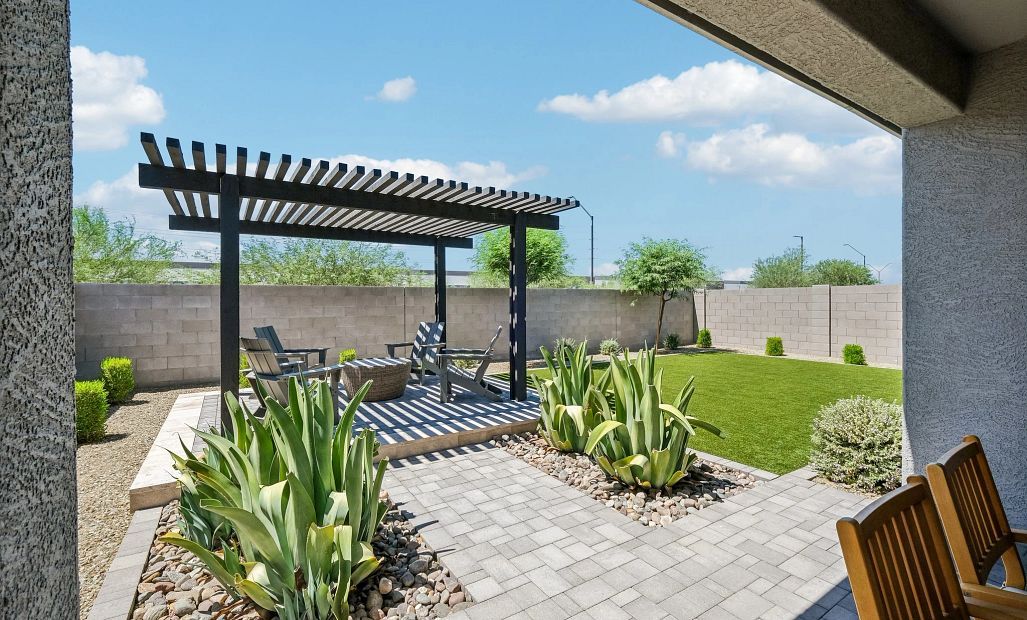Back exterior elevation with full backyard landscaping