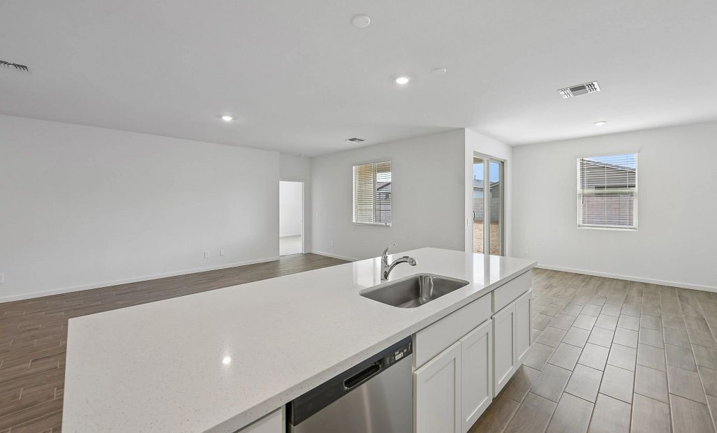 Great room, kitchen and dining