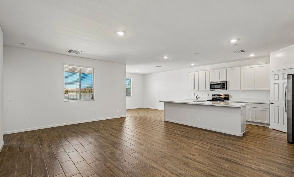 Great room, kitchen and dining
