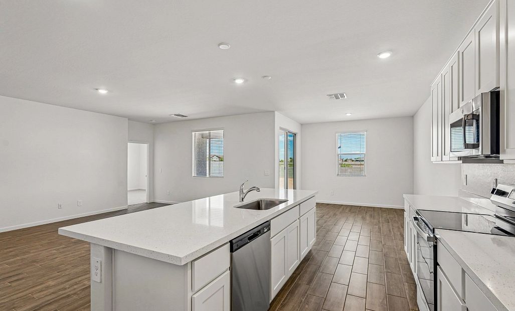 Great room, kitchen and dining