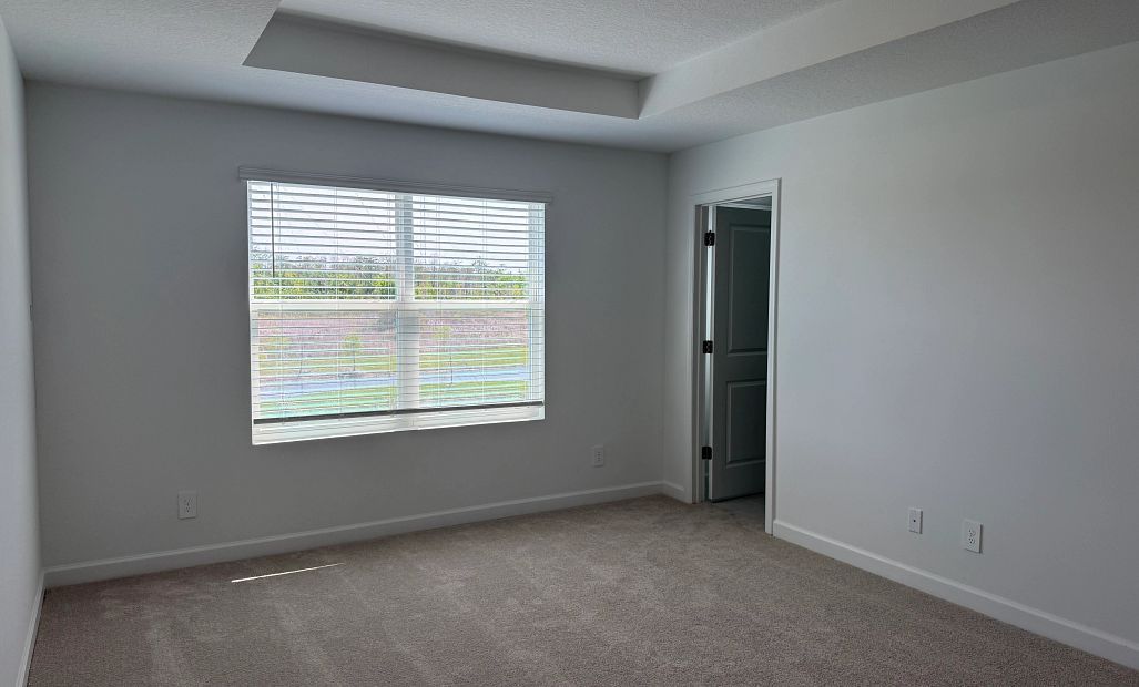 Peaceful primary suite features a tray ceiling and expansive windows