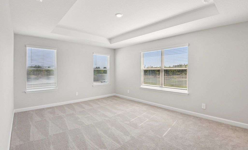 Stunning primary bedroom with a lot of windows for ideal lighting and tray ceiling