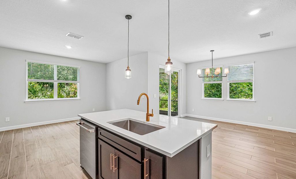 The island opens up into the family room and dining space making the open concept living great for