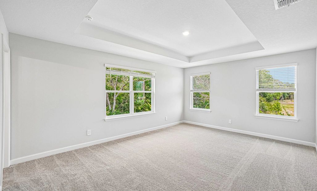 Stunning primary bedroom located off the back of the home features four windows and a tray ceiling