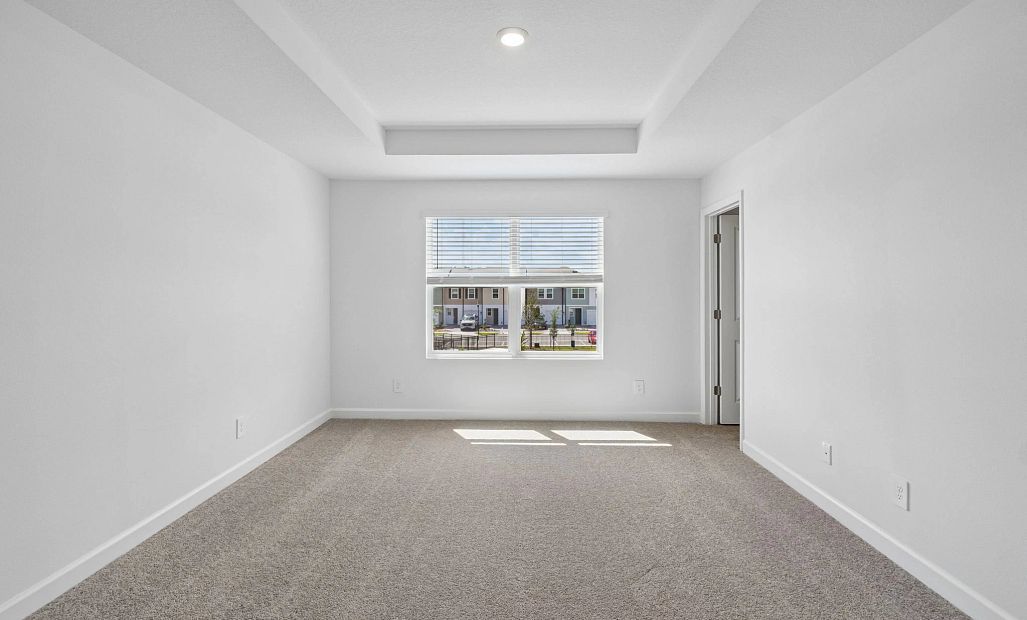 Primary bedroom features a tray ceiling and a double window