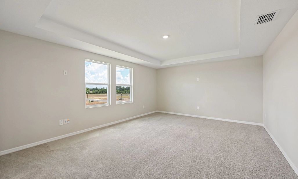 The primary bedroom has a tray ceiling and two large windows