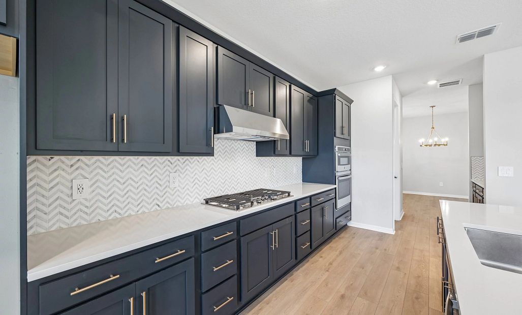 This stunning AW Collection® Sapphire kitchen also has a gas range and a vent hood