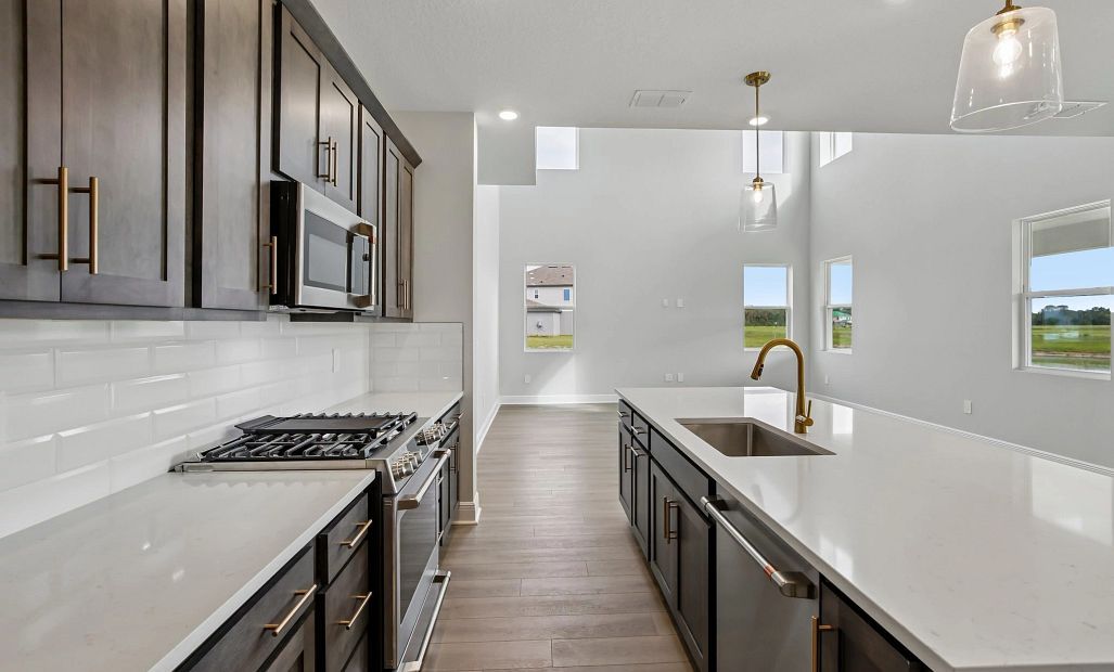 Kitchen opens up into the two story family room