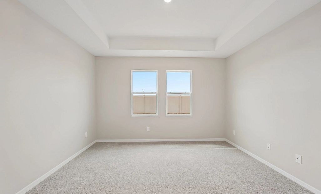 Primary bedroom features a tray ceiling and two large windows