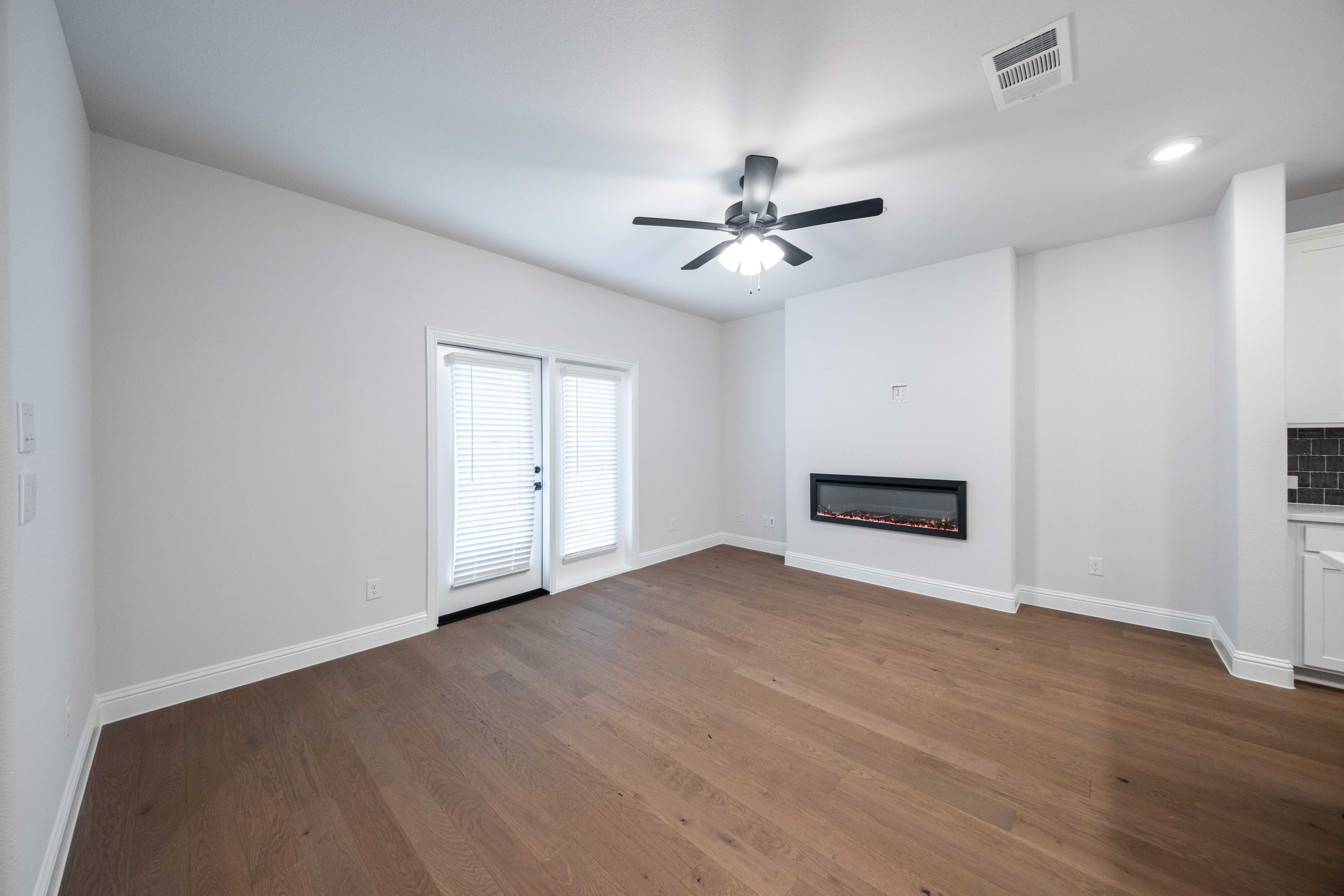 open great room with electric fireplace
